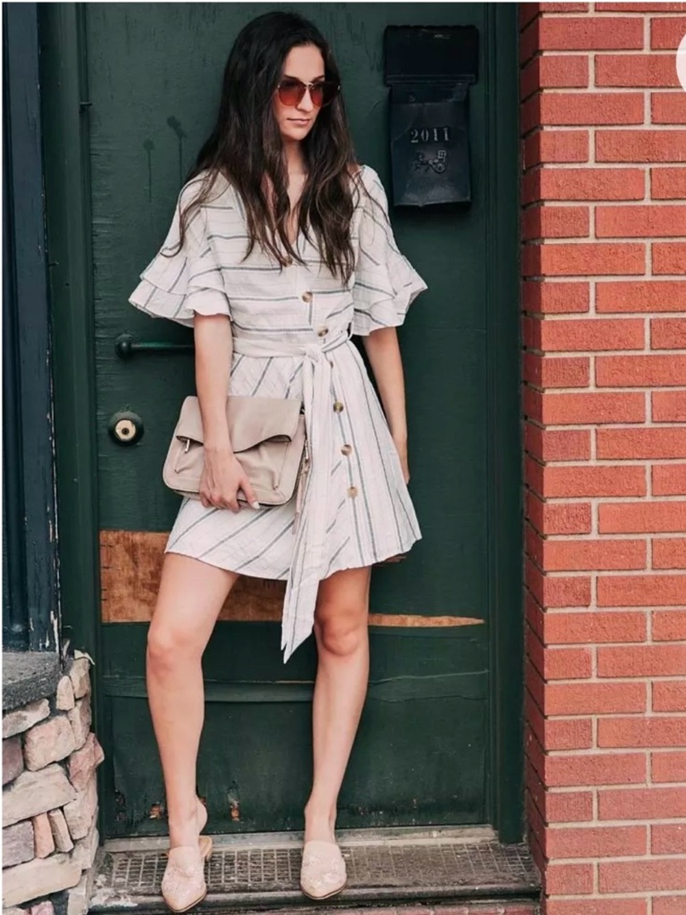Lily Rain white Striped navy Button-Front Mini Dress with Tie Waist